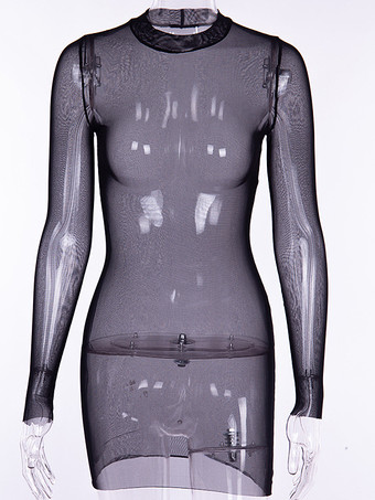 女性用クラブドレスハイカラーカジュアルロングスリーブチュールシアーブラックセクシードレス