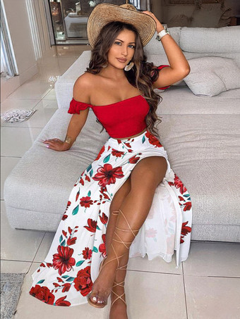 レッド 黄色ポリエステル分割フロントプリーツ花柄の孔雀夏の半袖スカートの服の服を切り離す