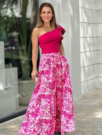 ローズレッドツーピースセットブルーポリエステルフローラルプリントカジュアルトップサマー半袖ワンショルダーレイヤードボヘミアンドレス衣装女性用