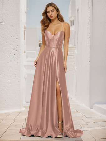 サーモンピンクプロムドレス Aライン Vネック サテン生地 スイープ スプリットフロント 社交パーティードレス