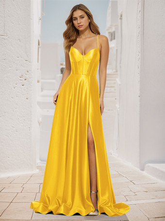 イエロープロムドレス Aライン Vネック サテン生地 スイープ スプリットフロント 社交パーティードレス
