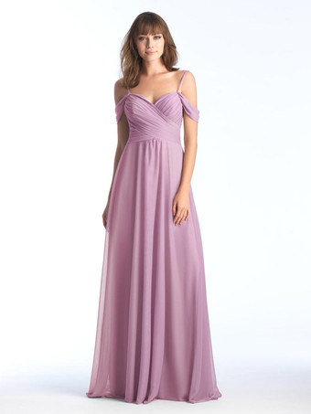 ラベンダーブライズメイドドレス スウィートハートネックライン コールドショルダー ルーシュシフォン Aライン マキシドレス