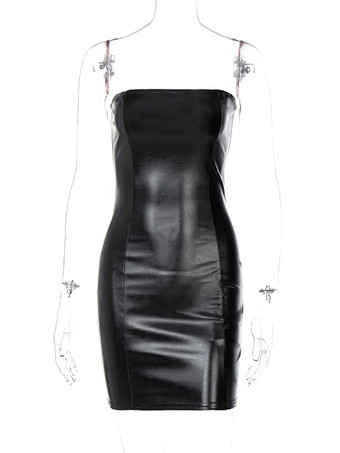 レディースブラッククラブドレスプリーツノースリーブPUポリエステルバックレスセクシーボディコンドレス