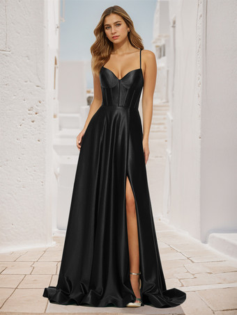 ブラックプロムドレス Aライン Vネック サテン生地 スイープ スプリットフロント 社交パーティードレス