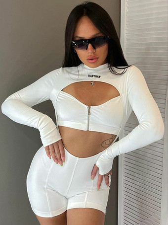 クラブジャンプスーツ セクシーなポリエステル 長袖 ジュエルネック ジッパー 大人のクラブウェア