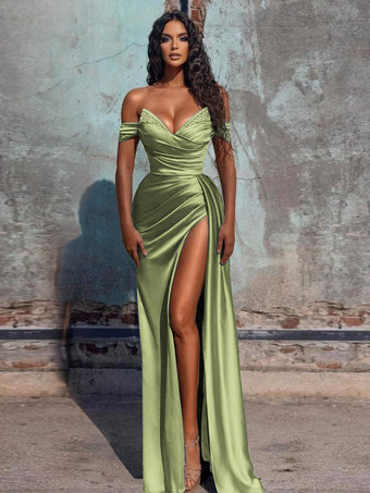 オリーブグリーンイブニングドレス シース Vネック サテン生地 フロアレングス フォーマルディナードレス