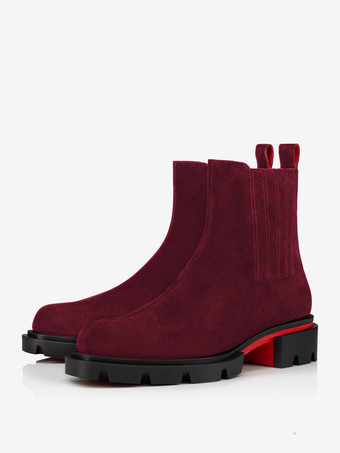 バーガンディーメンズ チェルシーブーツ ブラック スエード 中央ステッチ レザー ラグソール スクエアトゥ アンクルブーツ