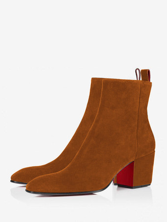 MarrónBotas Chelsea de tacón de bloque para hombre Botas de tobillo para vestido de fiesta de gamuza con cremallera negra