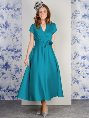 ティール花嫁の母親のためのパーティードレス Vネック 半袖 Aライン 花柄 足首丈 結婚式用ゲストドレス
