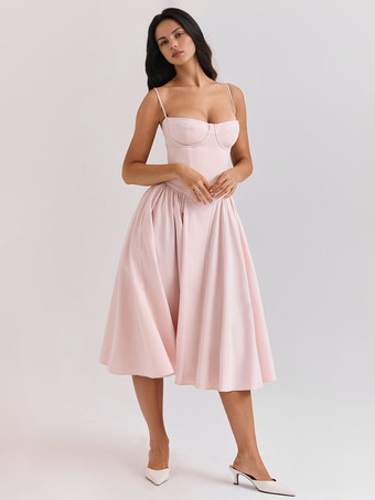 ソフトピンクのコルセットドレス、スパゲッティストラップ、バックレス、プリーツ入りコテージコアミディドレス 2025