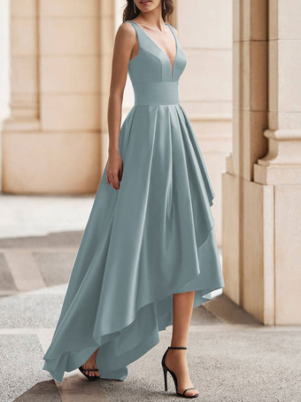 ベビーブルーカクテルドレス ゴージャスなAライン Vネック サテン パーティードレス 無料カスタマイズ