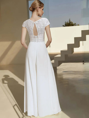ブライダルジャンプスーツ レース フロアレングス ジャンプスーツ Vネック 半袖 ナチュラルウエスト アイボリー