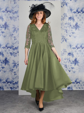 セージグリーンマザードレス Vネック 7分袖 Aライン レース ティー丈 ウェディングゲストドレス
