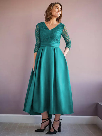 ティールマザードレス Vネック ハーフスリーブ Aライン ビーズ付き ウェディングゲストドレス