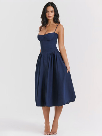 ダークネイビーソフトピンクのコルセットドレス、スパゲッティストラップ、バックレス、プリーツ入りコテージコアミディドレス 2025