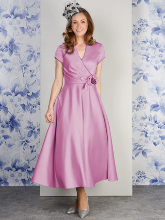 ライラック花嫁の母親のためのパーティードレス Vネック 半袖 Aライン 花柄 足首丈 結婚式用ゲストドレス