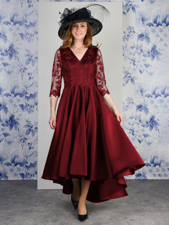 バーガンディーマザードレス Vネック 7分袖 Aライン レース ティー丈 ウェディングゲストドレス