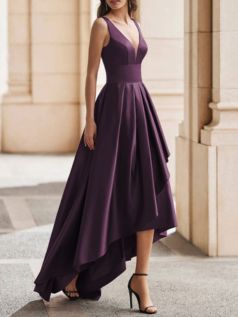 プラムカクテルドレス ゴージャスなAライン Vネック サテン パーティードレス 無料カスタマイズ