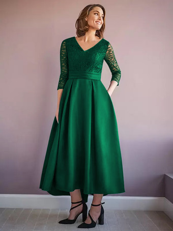 ダークグリーンマザードレス Vネック ハーフスリーブ Aライン ビーズ付き ウェディングゲストドレス
