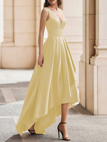 スイセン色カクテルドレス ゴージャスなAライン Vネック サテン パーティードレス 無料カスタマイズ