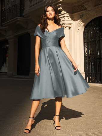 グレーブルーブライダルマザードレス Vネック ノースリーブ プリーツ Aライン ゲストドレス 結婚式用