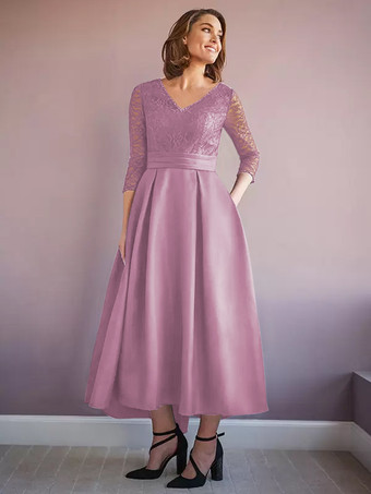 ライラックマザードレス Vネック ハーフスリーブ Aライン ビーズ付き ウェディングゲストドレス
