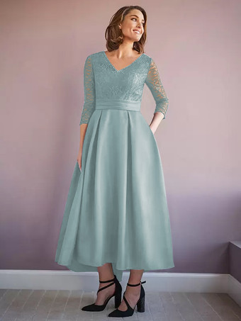 ベビーブルーマザードレス Vネック ハーフスリーブ Aライン ビーズ付き ウェディングゲストドレス