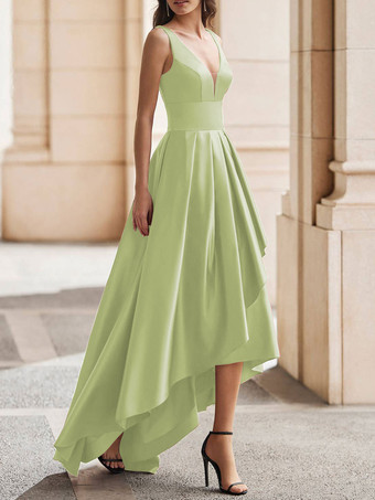 パステルグリーンカクテルドレス ゴージャスなAライン Vネック サテン パーティードレス 無料カスタマイズ