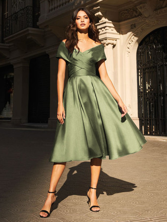 セージグリーンブライダルマザードレス Vネック ノースリーブ プリーツ Aライン ゲストドレス 結婚式用