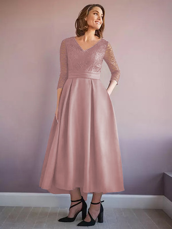 サーモンピンクマザードレス Vネック ハーフスリーブ Aライン ビーズ付き ウェディングゲストドレス