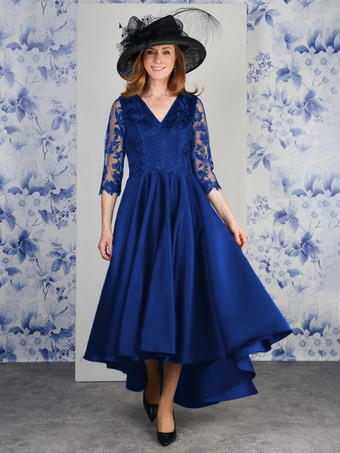 ダズリンブルーマザードレス Vネック 7分袖 Aライン レース ティー丈 ウェディングゲストドレス