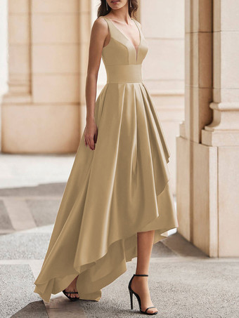 シャンパンカクテルドレス ゴージャスなAライン Vネック サテン パーティードレス 無料カスタマイズ