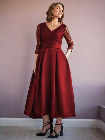 バーガンディーマザードレス Vネック ハーフスリーブ Aライン ビーズ付き ウェディングゲストドレス