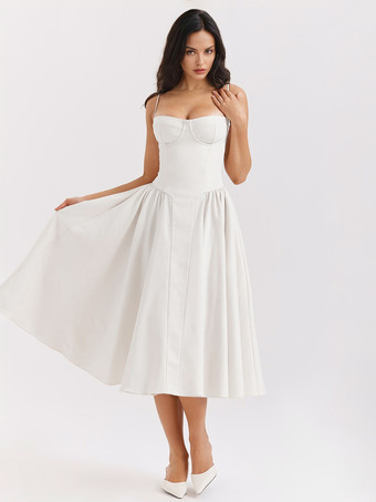 アイボリー ソフトピンクのコルセットドレス、スパゲッティストラップ、バックレス、プリーツ入りコテージコアミディドレス 2025