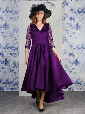 ラベンダーマザードレス Vネック 7分袖 Aライン レース ティー丈 ウェディングゲストドレス