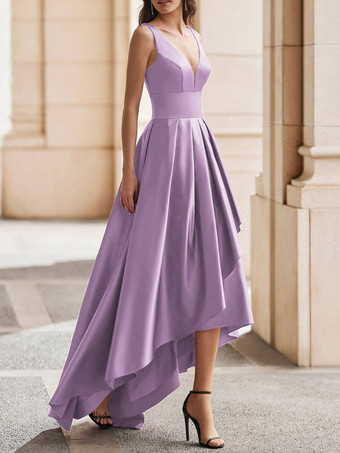 ラベンダーカクテルドレス ゴージャスなAライン Vネック サテン パーティードレス 無料カスタマイズ
