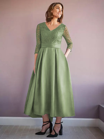 セージグリーンマザードレス Vネック ハーフスリーブ Aライン ビーズ付き ウェディングゲストドレス