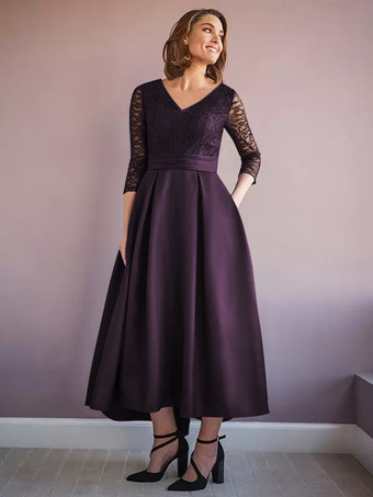 プラムマザードレス Vネック ハーフスリーブ Aライン ビーズ付き ウェディングゲストドレス