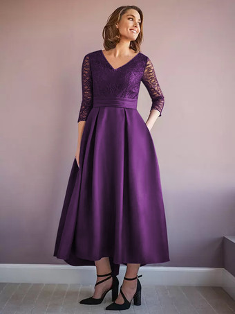 ラベンダーマザードレス Vネック ハーフスリーブ Aライン ビーズ付き ウェディングゲストドレス