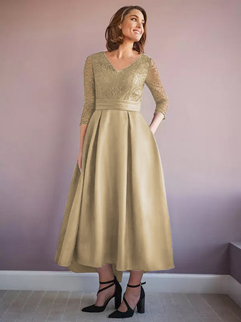 シャンパンマザードレス Vネック ハーフスリーブ Aライン ビーズ付き ウェディングゲストドレス