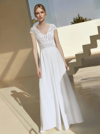 アイボリーブライダルジャンプスーツ レース フロアレングス ジャンプスーツ Vネック 半袖 ナチュラルウエスト アイボリー