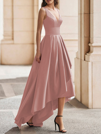 サーモンピンクカクテルドレス ゴージャスなAライン Vネック サテン パーティードレス 無料カスタマイズ