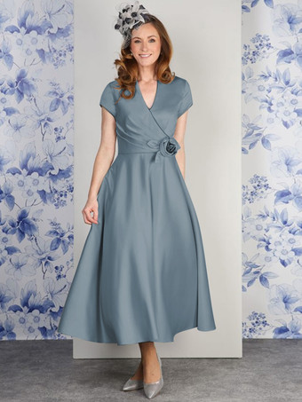 スレートグレー 花嫁の母親のためのパーティードレス Vネック 半袖 Aライン 花柄 足首丈 結婚式用ゲストドレス