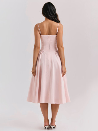 ソフトピンクのコルセットドレス、スパゲッティストラップ、バックレス、プリーツ入りコテージコアミディドレス 2025