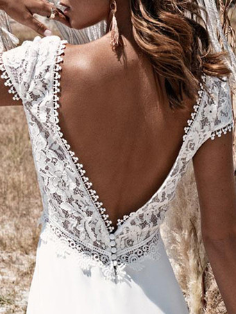 ブライダルジャンプスーツ レース レース フロアレングス ジャンプスーツ Vネック 半袖 アイボリー