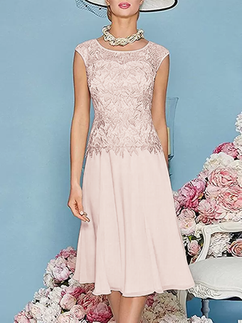 ソフトピンクマザードレス ジュエルネック 七分袖 ティー丈 Aライン ゲストドレス 結婚式用