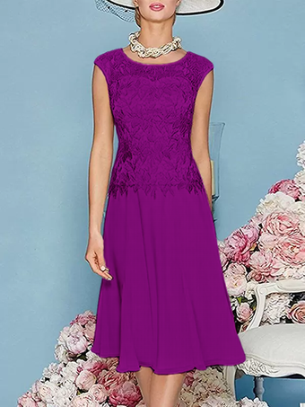 プラムマザードレス ジュエルネック 七分袖 ティー丈 Aライン ゲストドレス 結婚式用