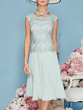 グレーブルーマザードレス ジュエルネック 七分袖 ティー丈 Aライン ゲストドレス 結婚式用