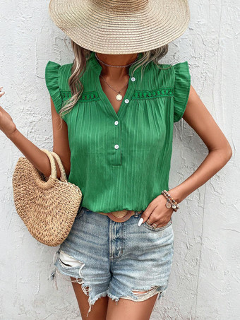 vert Blouse Volants Manches Boutons Boho-Inspired Summer Casual Blouse