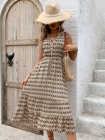 アプリコットサマードレス プリント ノースリーブ ボタン Vネック カジュアル ミディドレス